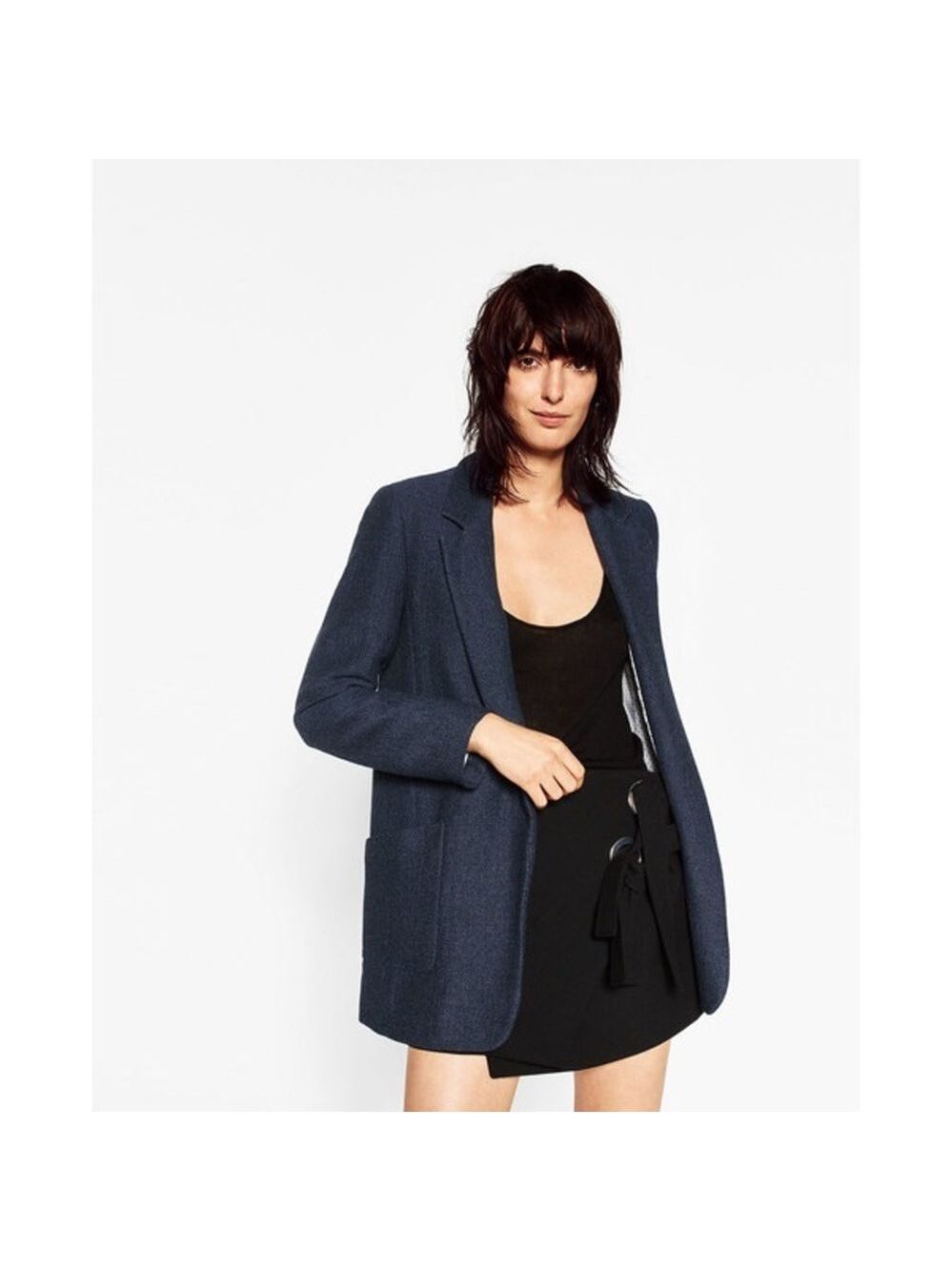 Zara navy blue knit open front blazer pockets Sz S